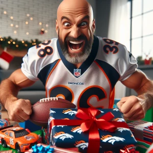 A man with a shaved head, wearing a Denver Broncos jersey, excit...