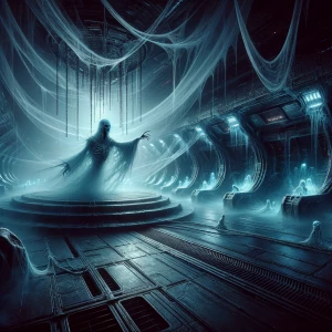 An ethereal horror starship brig, every detail shrouded in myste...