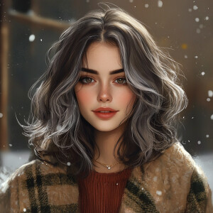 A shoulder length brunette with grey streaks in her hair dressed...