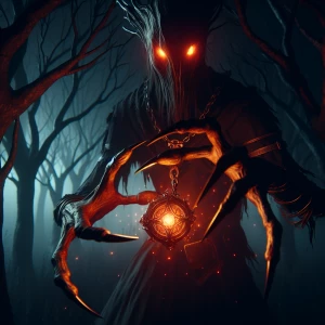 "In the heart of a shadowed forest, an ominous entity looms, its...