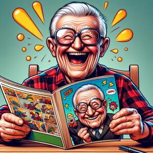 caricature of a 95 year old happy American grandpa sitting at a...