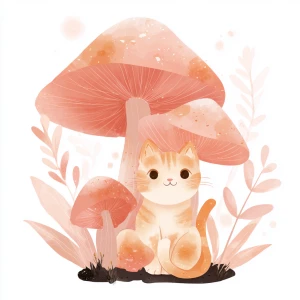Pastel pink orange cat under mushroom, kawaii illustration, isol...