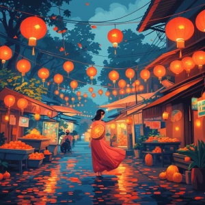 Mèo xinh đẹp đi dạo trên con đường lát đá, hai bên đường là hàng...