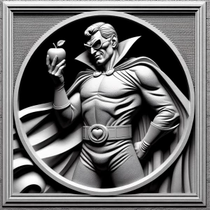 Evil Superman holding an Apple, grayscale 3d bas relief, round b...