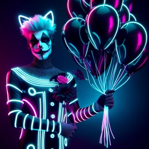 A clown wearing a monochrome feline-inspired costume with coordi...
