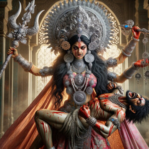 photography of angry looking, gorgeous goddess durga cosplayer carrying a weak mahishasur in her two arms and stabbing him with her amazingly designed trident. She is wearing a huge silver crown, pink saree, abundant silver jewelry, covered in blood. The scene is set in ancient India. The image is 8K resolution, cinematic, ultra detailed face and epic.