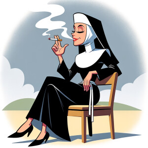 A nun smoking a cigarette