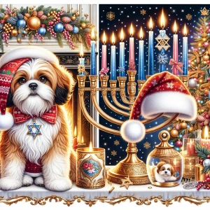 An Shih Tzu with a Santa hat and a ginger haired woman sitting a...