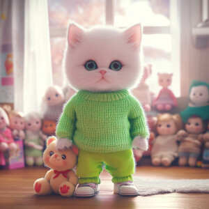 little white kitten wearing a neon green sweater wearing trainin...