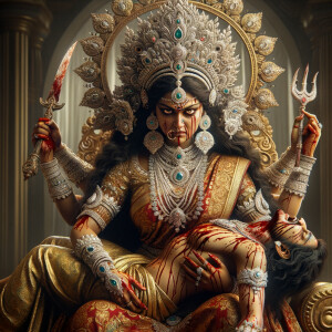 portrait of angry looking goddess durga, sitting on a gold crown and carrying a weak mahishasur on her lap. She is wearing diamond armor, a huge diamond crown, red saree, abundant diamond jewelry, covered in blood. The scene is set in ancient India. The image is 8K resolution, cinematic, ultra detailed face and epic.