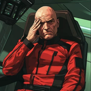 A bald, middle-aged man with visible wrinkles and a stern expres...