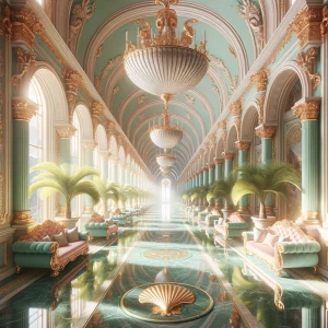 A hyperrealistic palace corridor bathed in sunlight, with pastel...