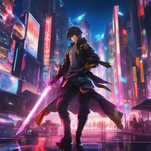 A dramatic anime scene featuring a hero in battle stance, their weapon glowing with energy. A futuristic cityscape stretches behind them, with towering buildings and neon lights providing a vivid, colorful backdrop.