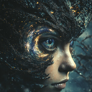 Create an ultra-realistic digital art of a cosmic witch at eye l...