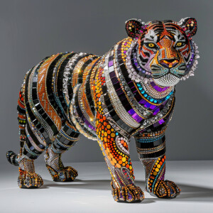 A Tiger Sculpted from Differently Colored Crystals and black Oni...