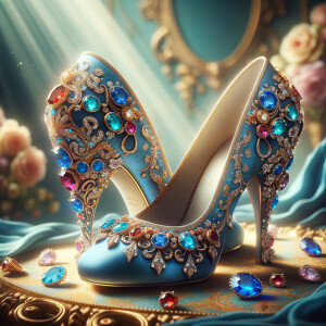 Imagine a pair of enchanting shoes, each a mirror image of the other, placed gracefully upon a regal surface. They are bathed in the soft, diffuse light that casts gentle reflections upon their silk fabric. These shoes are no ordinary footwear; they are a masterpiece of vibrant royal blue, adorned with ornate golden filigree and a multitude of glittering jewels in various hues—rubies, sapphires, emeralds, and delicate pink diamonds. Each shoe boasts an elegant, curved heel in a matching vivid blue, with tiny red and blue gems accenting the base. The shoes are positioned against a backdrop of soft-focus flowers, their pastel colors complementing the rich tones of the shoes, with hints of gold framing providing a touch of opulence. This image captures the essence of a fairy tale brought to life, a visual symphony of color and splendor.