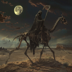 The grim reaper, cloaked in tattered black robes, rides atop a t...