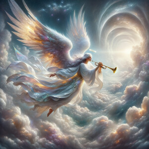 Create an image of an arc angel, blowing his trumpet coming in the clouds