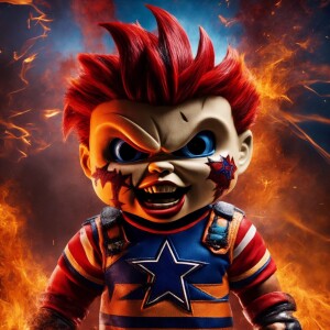 stylized, aggressive-looking  chucky  with cuts, stiches and blo...