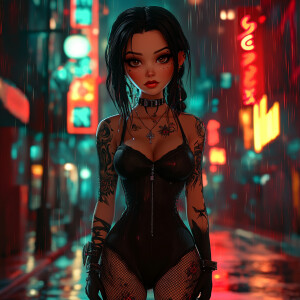 pretty cartoon girl, full body, adult, completely tattooed, ligh...