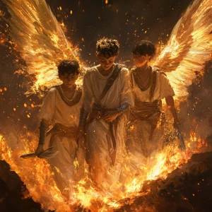 Create image of three Hebrew boys and an angel surrounded by flames but are unharmed