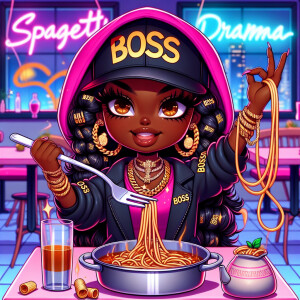 Design a vibrant and chic dinner-time scene where an adorable me...