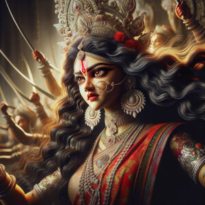 Portrait of gorgeous and angry goddess durga slaying mahishasur....