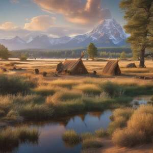 Visuals of a serene natural landscape with traditional Native Am...