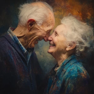 Generate an image of an elderly couple, appearing joyful and at...
