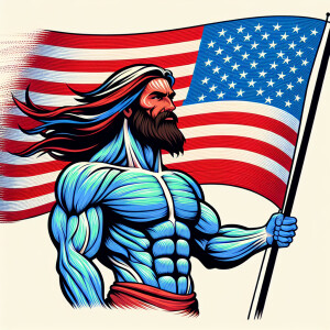 Muscular Jesus waving American flag