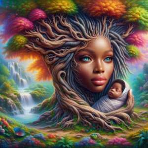 Create a close-up, hyper-realistic 3-D oil painting of a tree wi...