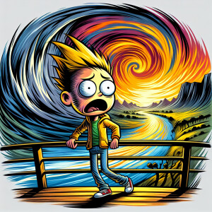 Bart,vivid expression of surprise and anxiety, standing on a bri...