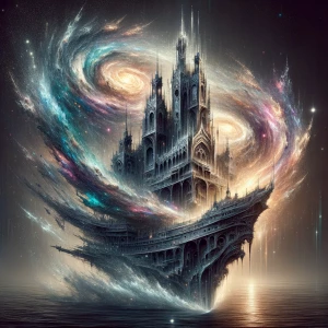 Dramatic splash art. A gothic warship transforms into a swirling...