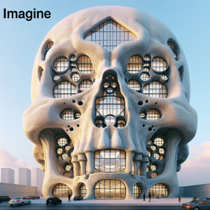 Mimetic skull shaped building with windows