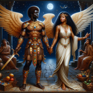 Create an oil painting image featuring a male angel and a grievi...