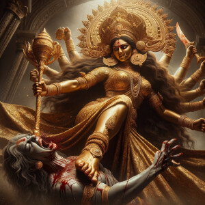 portrait of angry looking goddess durga pinning a weak mahishasur to the ground with her foot. She is wearing gold armor, a huge gold crown, gold saree, abundant  gold jewelry, covered in blood. The scene is set in ancient India. The image is 8K resolution, photography, cinematic, ultra detailed face and epic