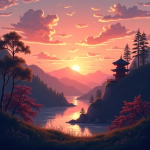 Wallpaper with Japanese countryside during sunset