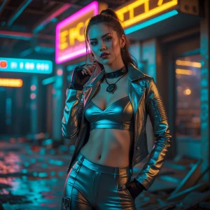 a cyberpunk setting with glowing signs, metallic outfits, and ur...