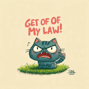 a cute angry cat yelling "Get Off My Lawn!", standing on a grass...