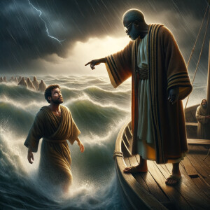 African-American Jesus telling Peter to come walk on the water,...