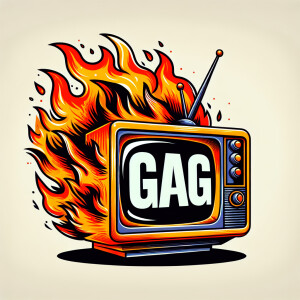Tube TV with the word “GAG” on the screen on fire cartoon logo