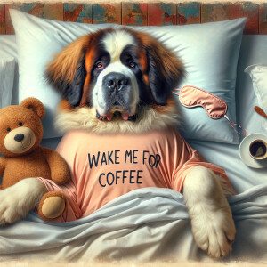 a long hair st bernard lying/lounging casually in bed(white shee...