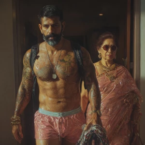 Hyperrealism,.a gujarati muscular beefy bearded tattoed sweaty s...