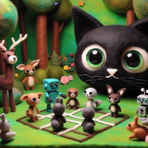 Felted black cat with large eyes. Cute with felted background of...