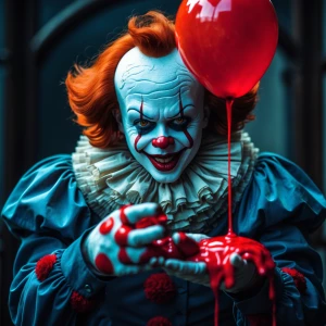 Sinister clown that strongly resembles pennywise is holding a li...