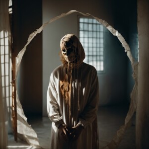 'A person with a bandage torn around their head reveals a skelet...