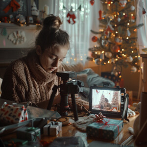 Photorealistic image. Woman making YouTube video of herself, mak...