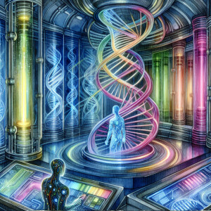 In a futuristic lab of sleek stainless steel and vibrant neon li...