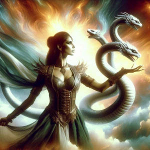 Mythic Beauty Unleashed, A fantasy artwork dropped – a woman emb...