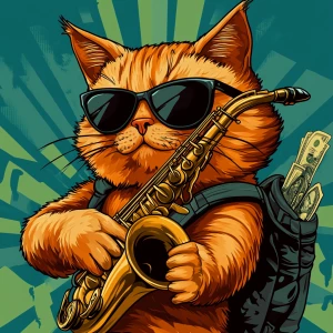 A fluffy orange cat wearing black sunglasses, playing a golden s...
